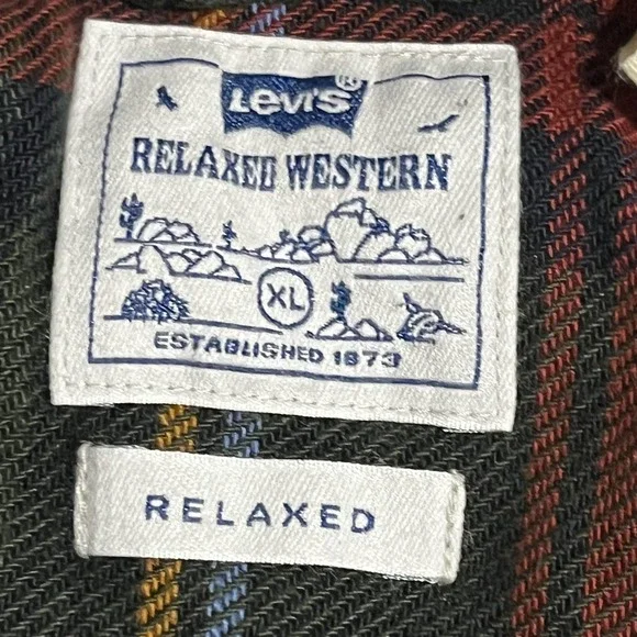 Levis Relaxed Western Shirt Mens XL Green Plaid Flannel Button Up Long Sleeve